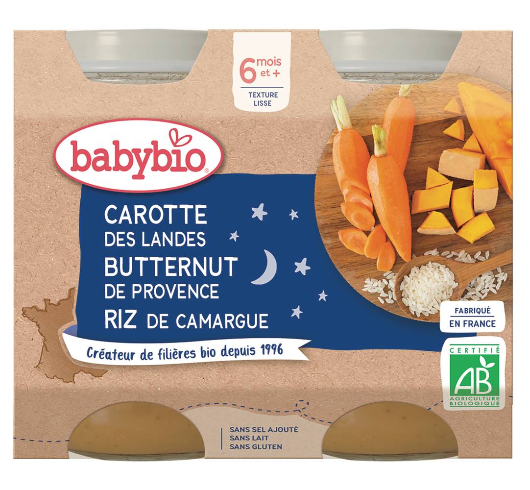 Babybio - Plat de carotte des landes butternut et riz de camargue dès 6 mois et + (2pièces)