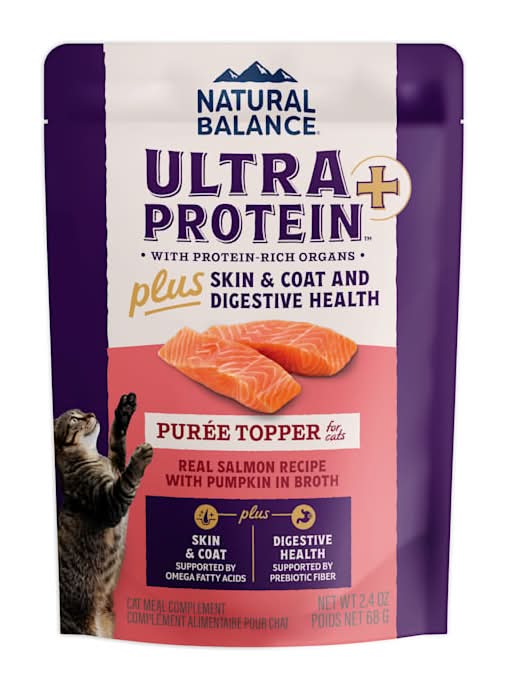 Natural Balance Ultra Protein Skin & Coat Digestive Health Real Salmon w/ Pumpkin Recipe Puree Topper Plus Wet Cat Food, 2.4 oz.