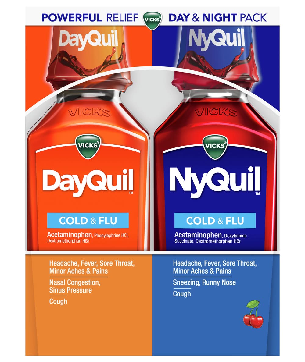 Vicks Dayquil & Nyquil Cold & Flu Relief Syrup, Cherry (2 x 12 fl oz)