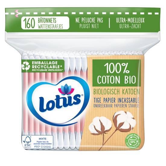 Lotus coton-tiges en papier et coton bio - sachet de 160 bâtonnets - bleu ou rose