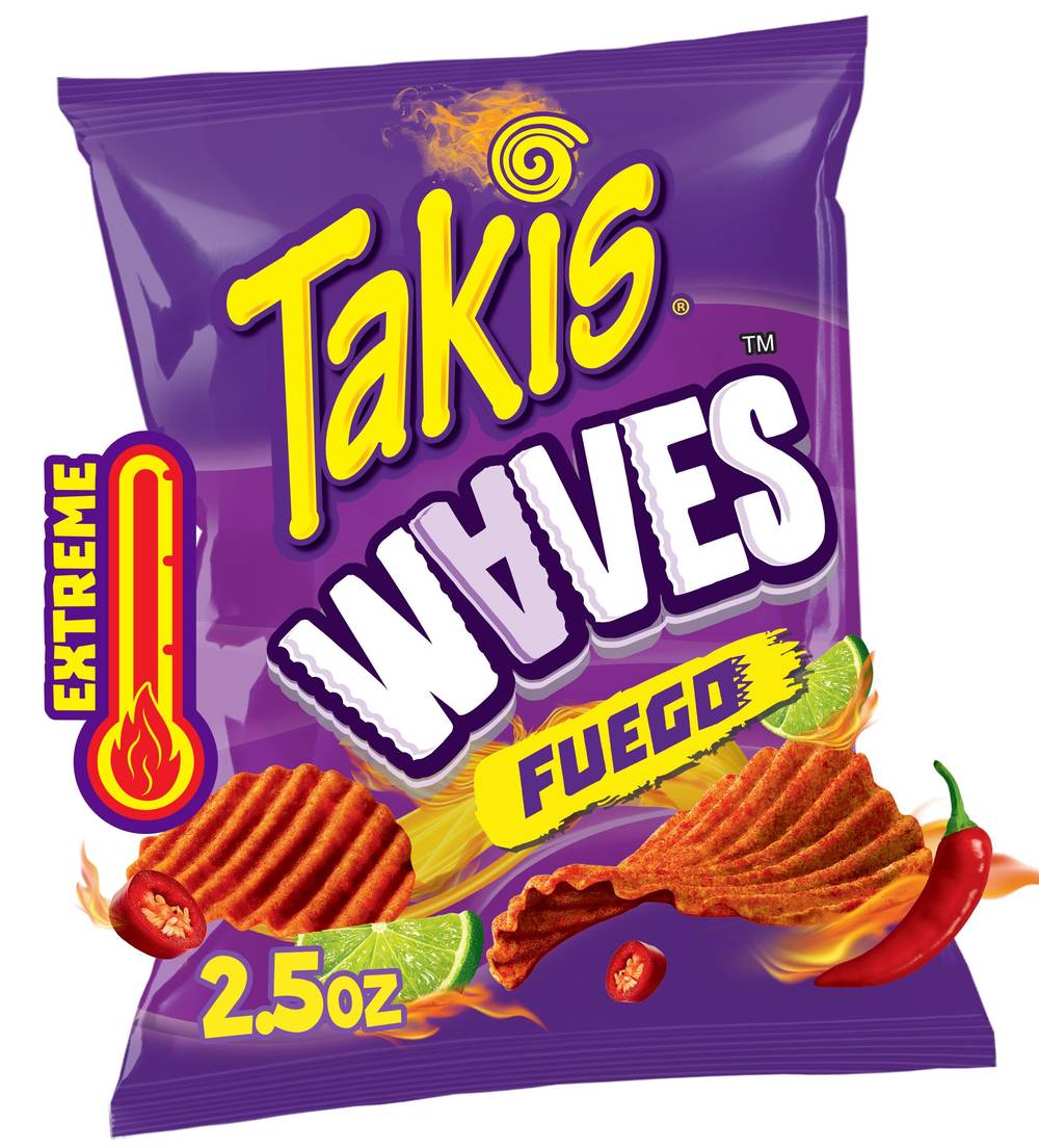 Takis Fuego Waves Hot Chili Pepper & Lime Flavored Spicy Wavy Potato Chips, 2.5 Oz