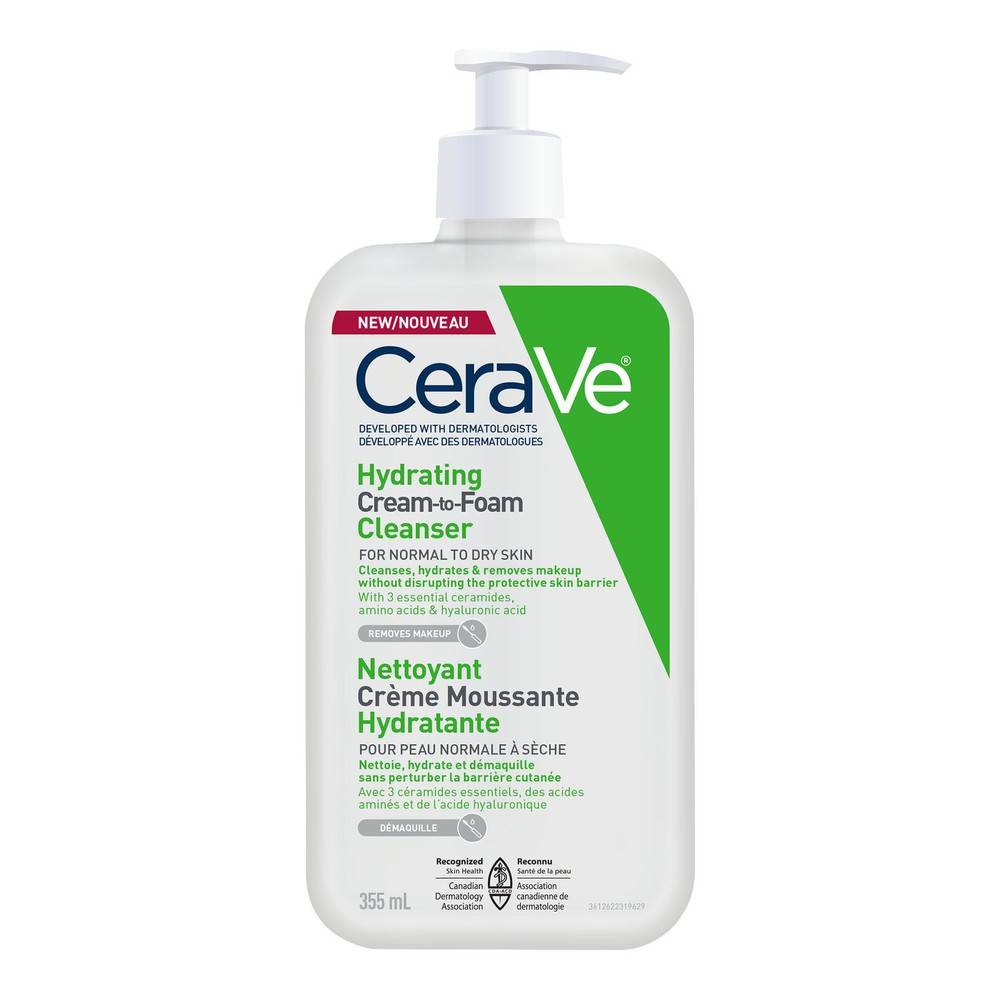 Cerave nettoyant crme moussante hydratante de cerave dmaquille avec acide hyaluronique et sans parfum (355ml) - hydrating cream to foam cleanser (355 ml)