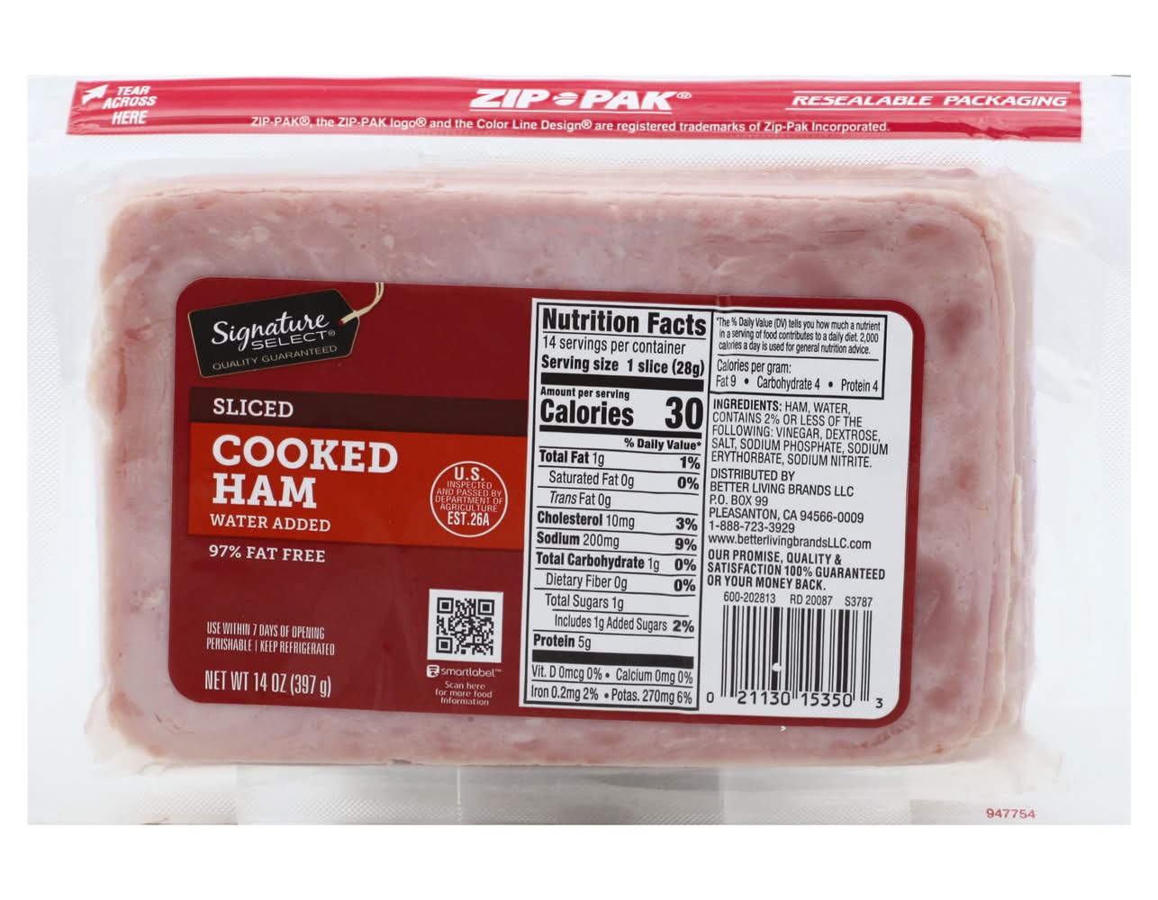 Signature Select Water Added 97% Fat Free Sliced Cooked Ham (14 oz)