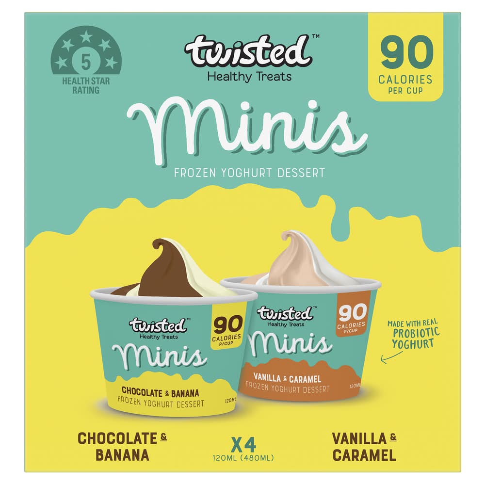 Twisted Minis Frozen Yoghurt Dessert, Chocolate & Banana-Vanilla & Caramel (4 x 120mL)