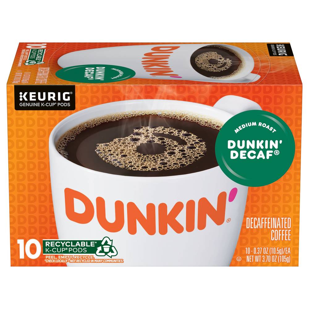 Dunkin' K-Cup Decaffeinated Coffee Pods, Decaf Medium Roast (3.7 oz, 10 ct)