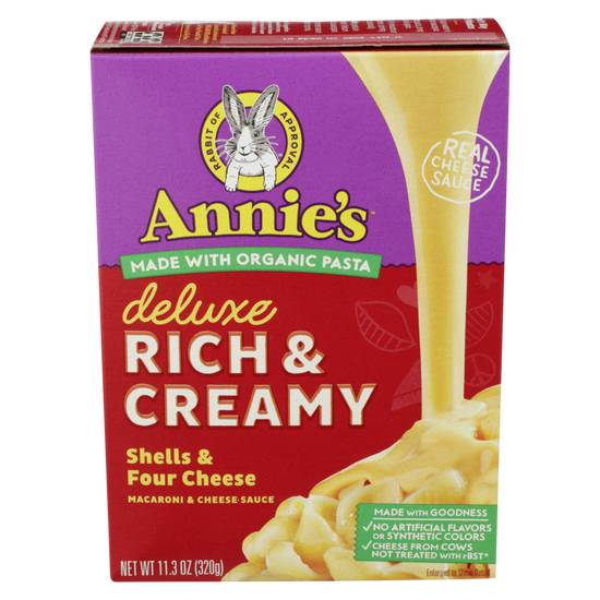 Order Annie's Homegrown Deluxe Rich & Creamy Shells & Four Cheese Pasta & Cheese Sauce 11.3oz food online from Everyday Needs by Gopuff store, Norfolk on bringmethat.com