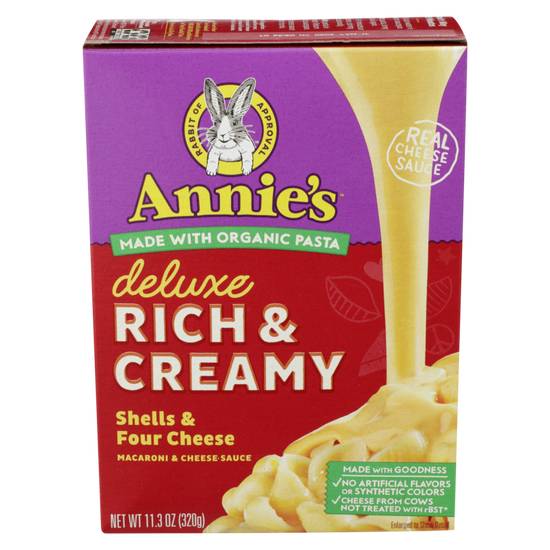 Order Annie's Homegrown Deluxe Rich & Creamy Shells & Four Cheese Pasta & Cheese Sauce 11.3oz food online from Everyday Needs by Gopuff store, Tampa on bringmethat.com