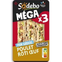 Sodebo - Le méga club - sandwich poulet rôti œuf pain suédois