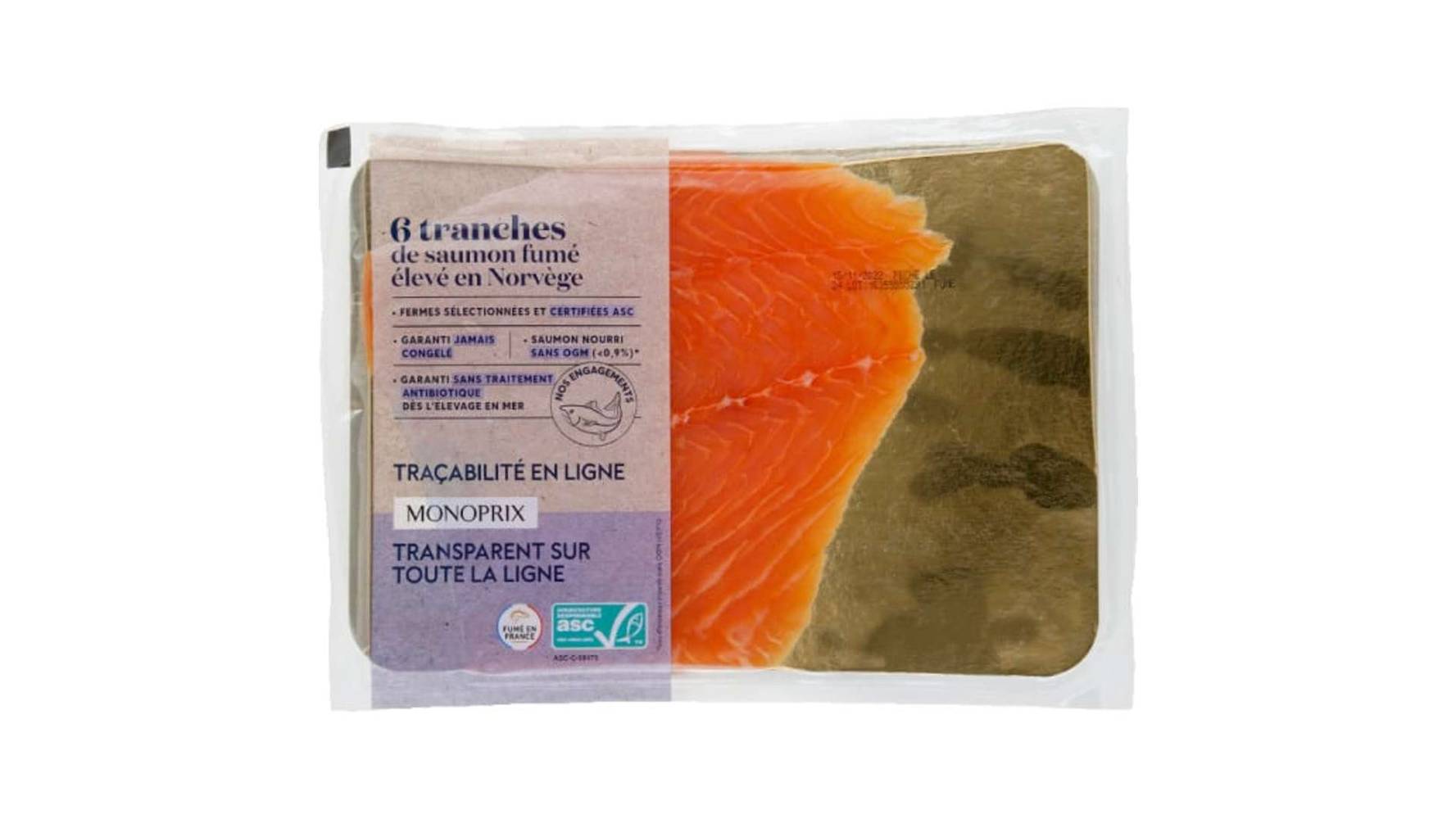 Monoprix Saumon fum{ {lev{ en Norv}ge ASC La barquette de 6 tranches, 210 g