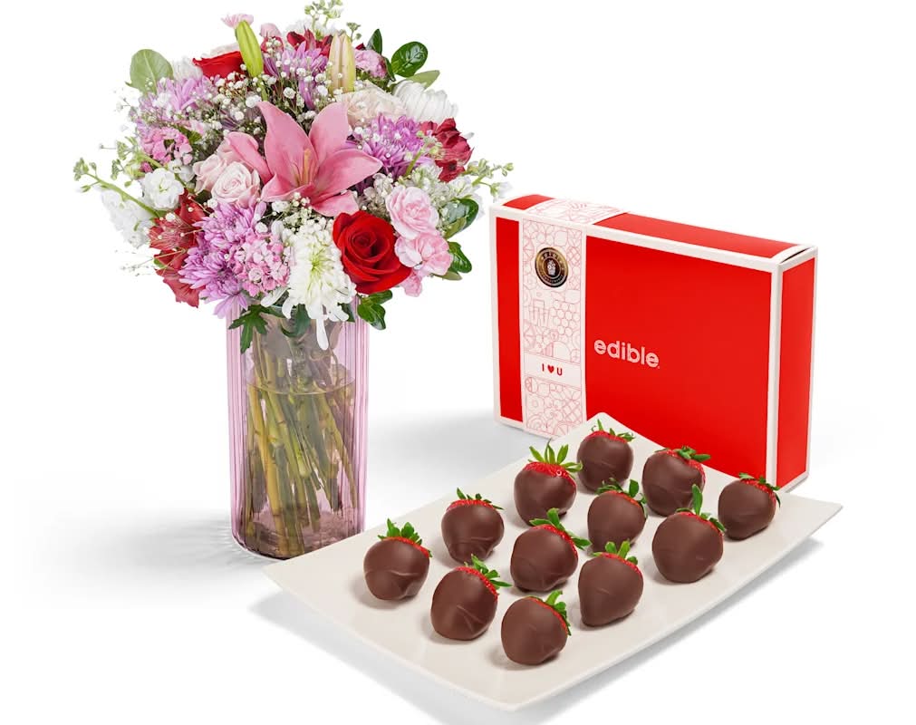 Valentine's Day Vibrant Flowers & Strawberries Gift Set