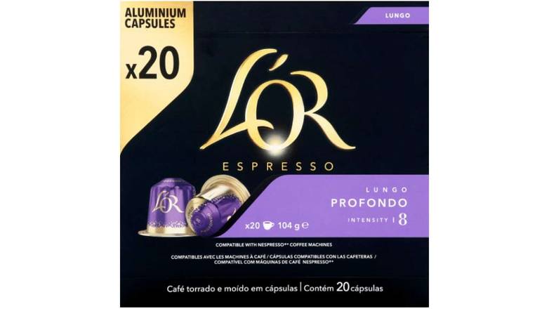 L'Or Espresso Capsules de café espresso lungo profondo L Or, Intensité 8 La boite de 20, 104g