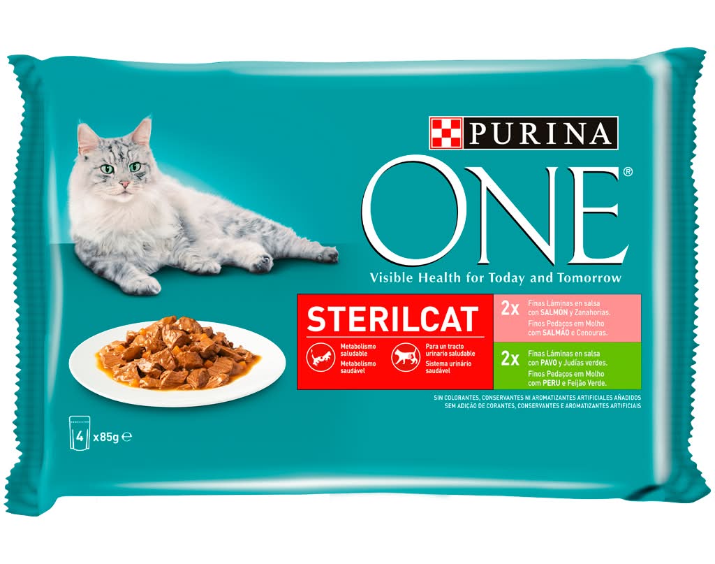 Purina One  - Comida hÃºmida para gato esterilizado em molho com salm Ã£o, 4 x 85g