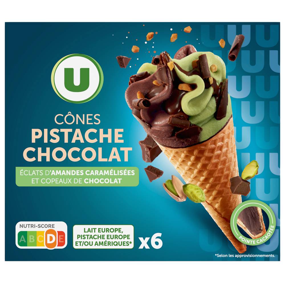U - Cônes glacés chocolat pistache (6 pièces)