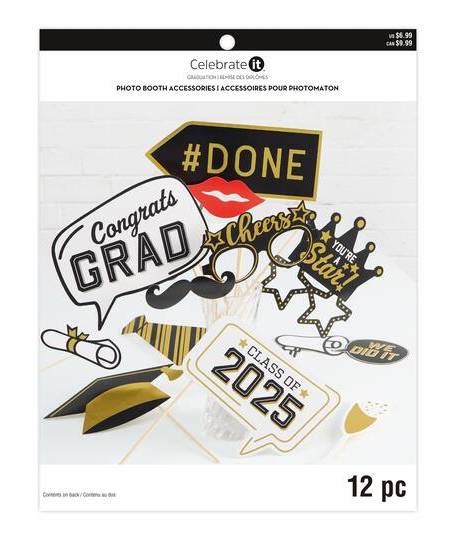 Celebrate It Graduation Photo Booth Accessories, 2.1x9.5 To 8.5x9.4 in, Black& Gold (12 ct)
