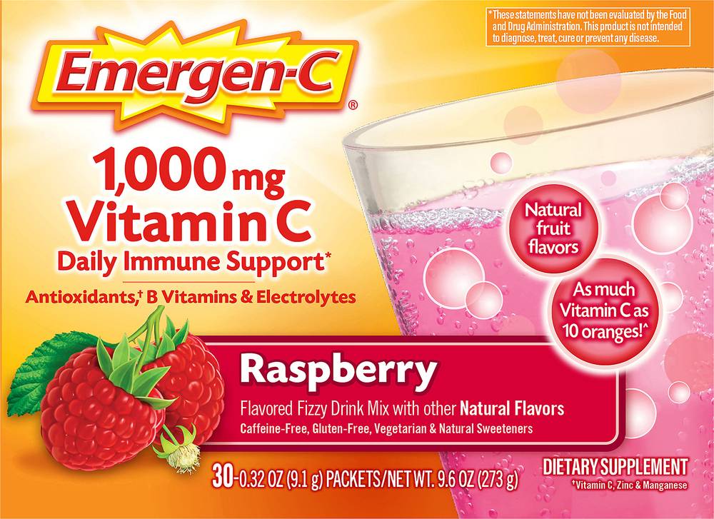 Emergen-C Fizzy Drink Mix, 1000 Mg Vitamin C, Raspberry 30 Ea