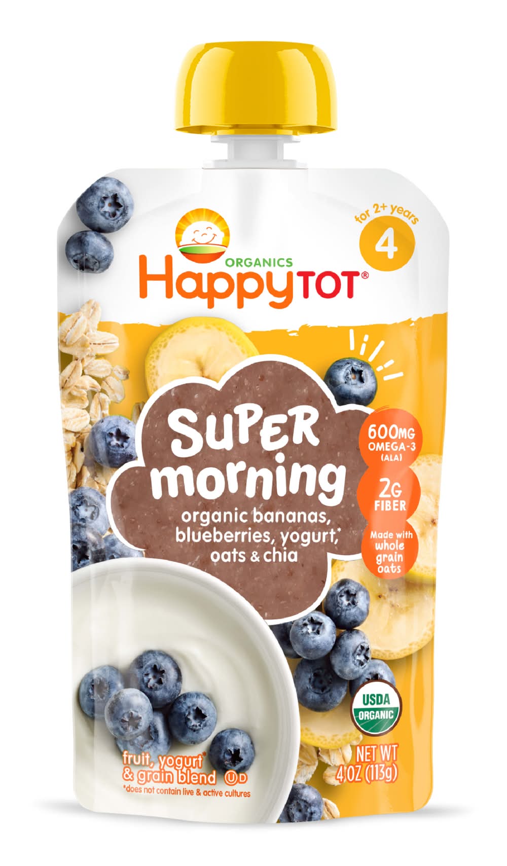 Happy Baby Super Morning Fruit & Grain Blend Puree 2+ Years, Bananas Blueberries Yogurt Oats & Chia (4 oz)