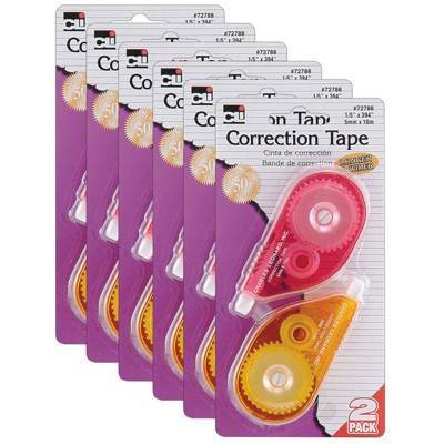 Charles Leonard Correction Tape, Assorted Color Cases, 1/5" x 394", 2 Per Pack, 6 Packs