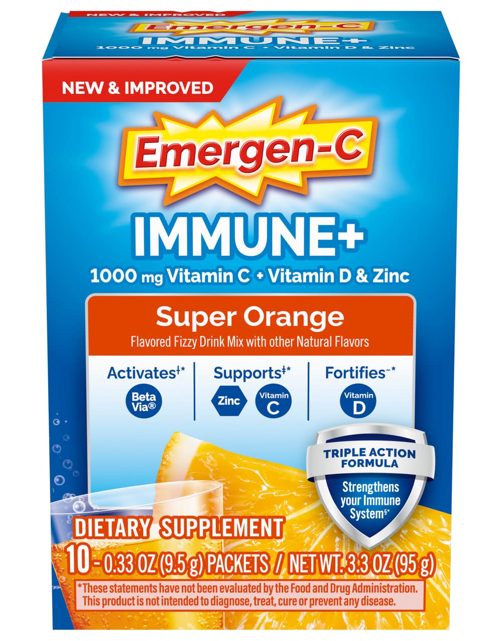 Emergen-C Immune+ Fizzy Super Drink Mix, Orange (0.33 oz, 10 ct)
