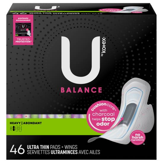 U By Kotex Balance Ultra Thin Pads With Wings, Heavy Absorbency, 46 Count