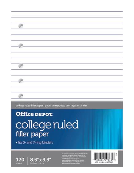 Office Depot 120 College-Ruled Notebook Filler Paper, 8.5" x 5.5", White