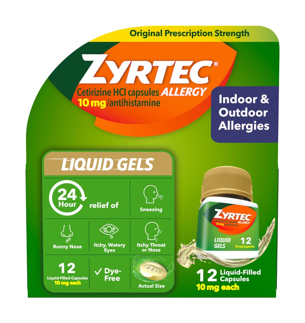 Zyrtec 24 Hour Indoor & 0utdoor Allergy Relief Liquid Filled Capsules 10 mg (12 ct)