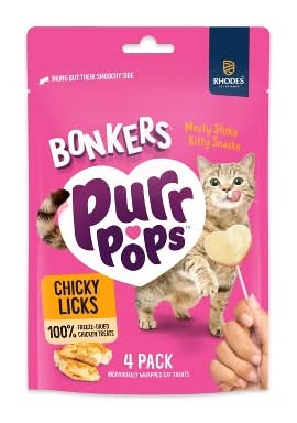 Bonkers Purr Pops Freeze Dried Wrapped Lickable Cat Treats, Chicken (0.4 oz, 4 ct)