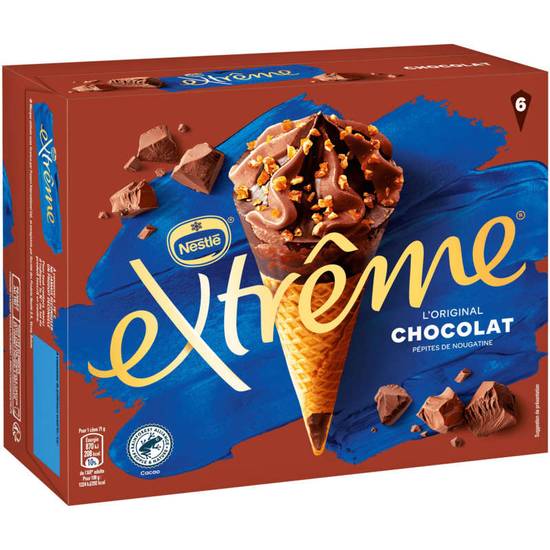 Cônes glacés - L'original - Chocolat avec pépites de nougatine - x6 440g EXTREME