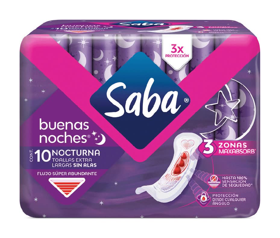 Saba · Toallas nocturnas sin alas, Extra Largas (10 un)