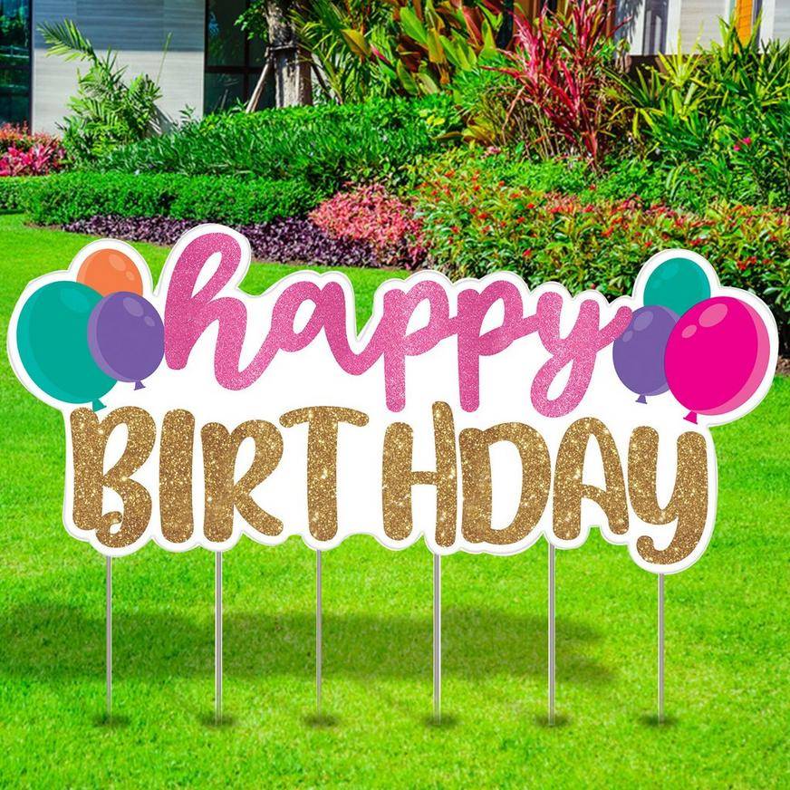 Party City Glitter Happy Birthday Corrugated Plastic Yard Sign (gold-pink)