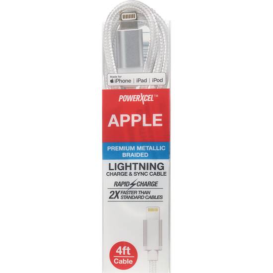 PowerXcel Cable Sync&Charge Lightening 4'MtlcBraid APPLE Wht