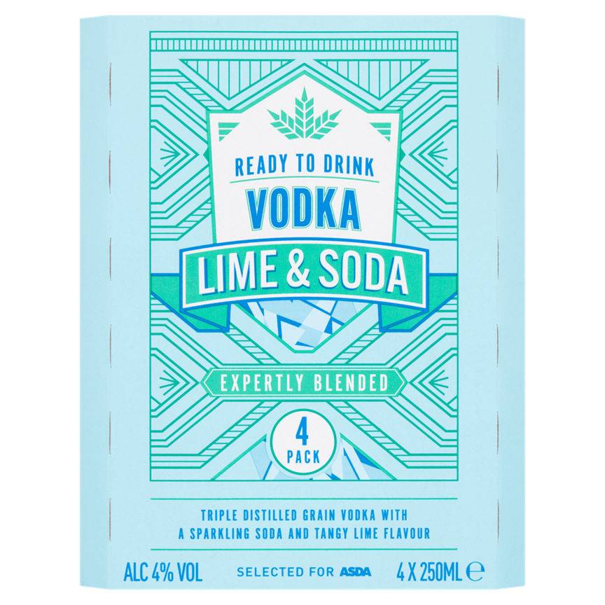 Asda Vodka Lime and Soda Ready To Drink 4x250ml