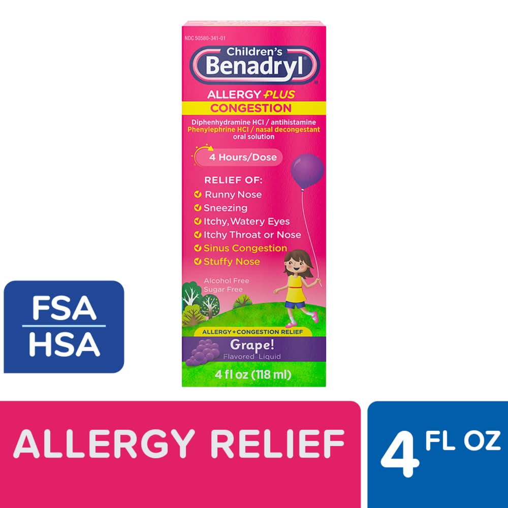 Children's Benadryl Allergy Plus Congestion Liquid, Grape (4 fl oz)