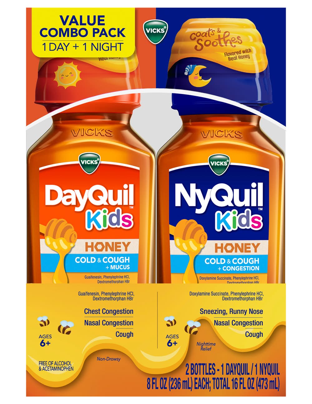Vicks Kids Dayquil Nyquil Cold & Cough Combo pack, Honey (2 x 8 fl oz)