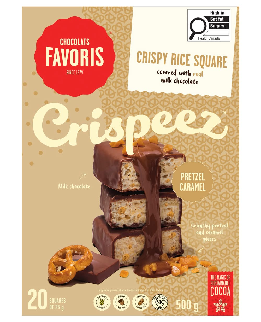 Chocolats Favoris Crousti - Carré Au Riz Croustillant Au Bretzel Caramel, 20 × 25 G / Chocolats Favoris Crispeez Pretzel Caramel Crispy Rice Square, 20 × 25 G
