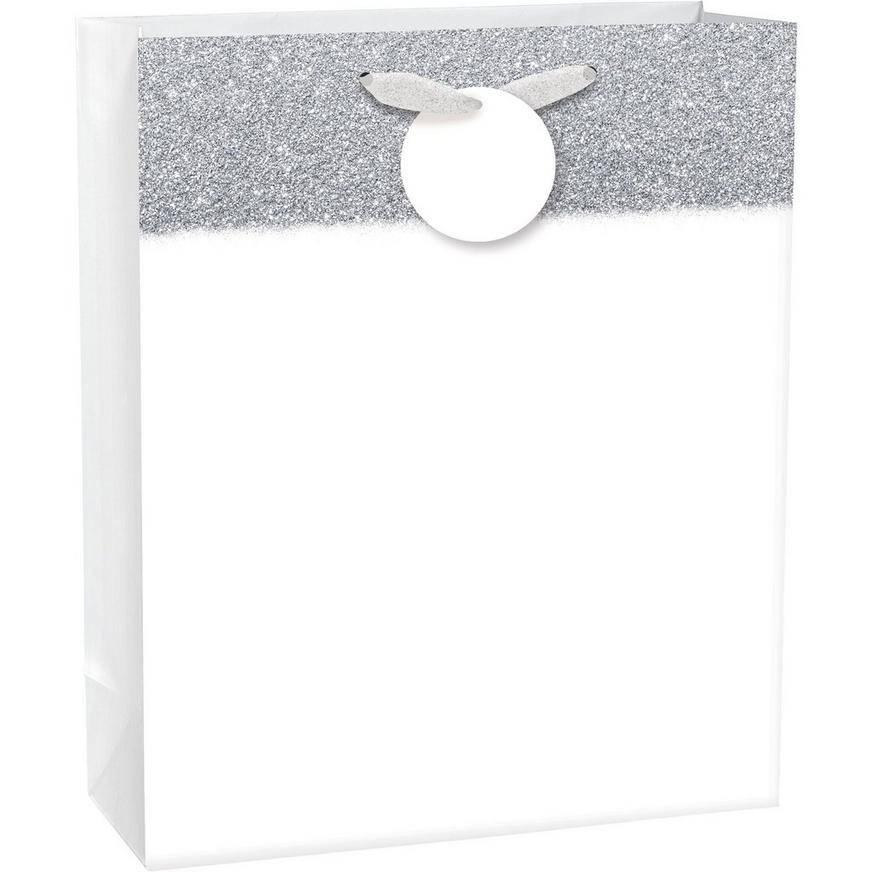 Large Glitter Matte White Gift Bag, 10.5in x 13in