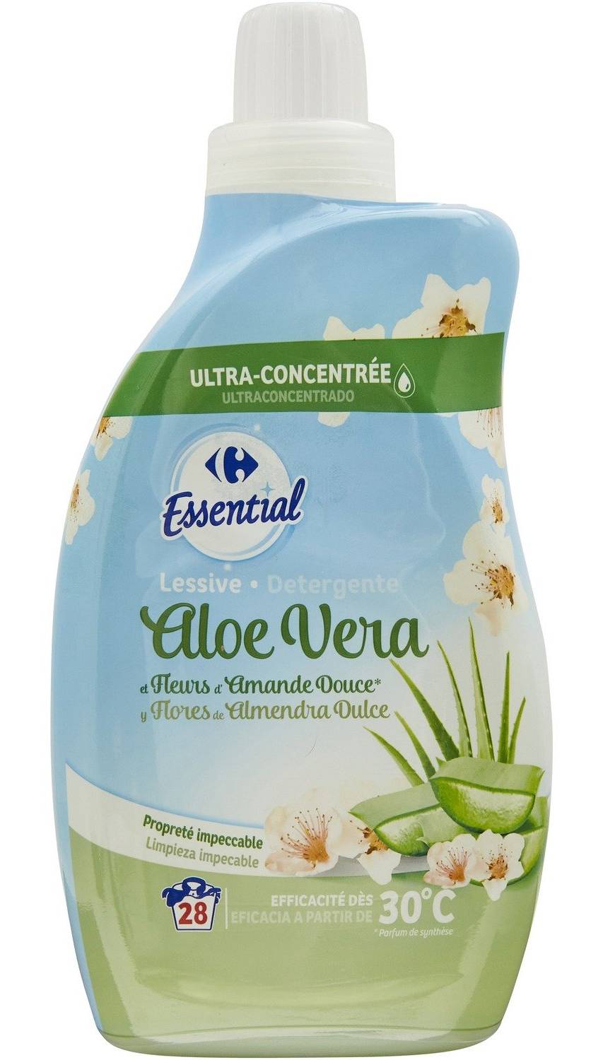 Carrefour Essential - Lessive liquide aloe vera 28 lavages, fleurs d'amande douce (1L)