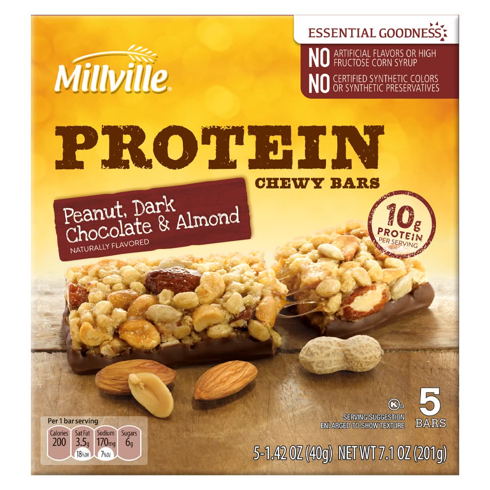 Millville Protein Chewy Bars, Peanut, Dark Chocolate & Almond (5 x 1.42 oz)