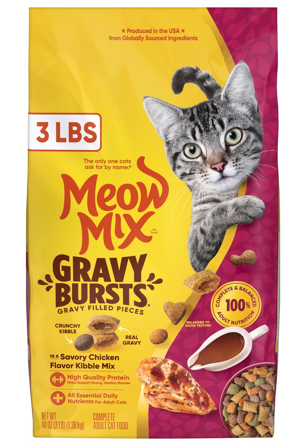 Meow Mix Gravy Bursts Dry Cat Food, Savory Chicken, Adult (3 lbs)