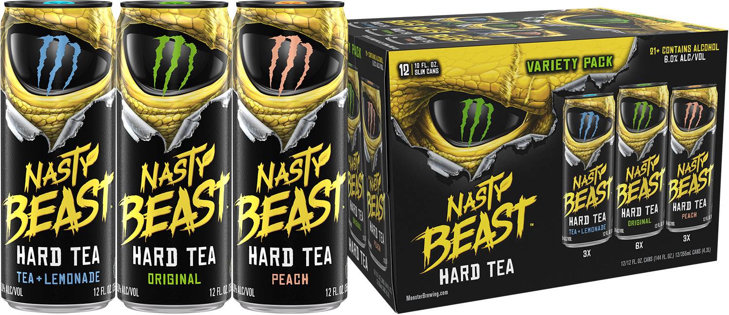 Monster Nasty Beast. Hard Tea (12 pack, 12 fl oz) (tea+lemonade-peach-original)