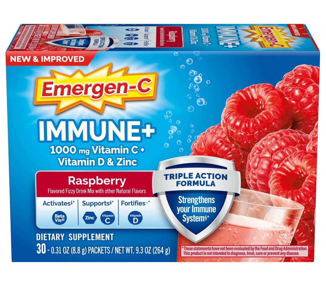 Emergen-C Immune+ Triple Action Formula Support Powder 1000 mg, Raspberry (30 x 0.31 oz)