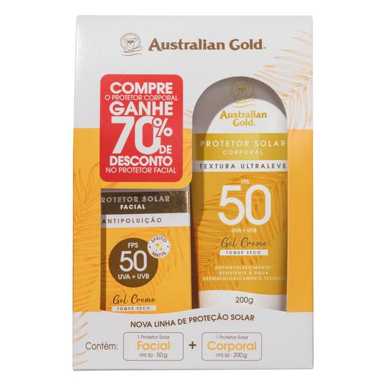 Australian gold kit protetor solar corporal + protetor solar facial antipoluição fps 50 em gel creme (2 itens)