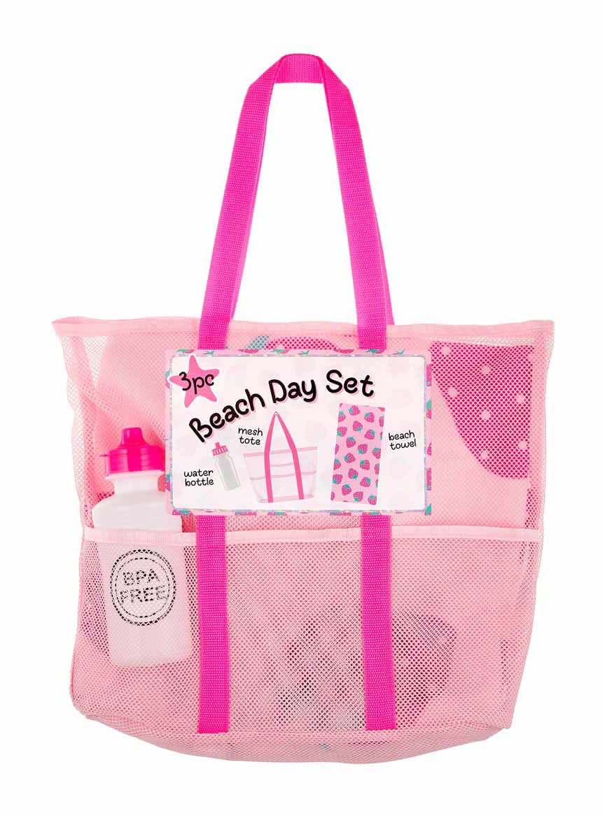 Beach Day Set With Mesh Tote Beach Towel And Water Bottle 3 Pc Assorted