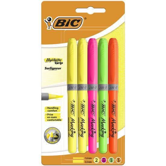 Bic highlighter grip surligneurs couleurs fluo assorties - 4 standards et 1 décoré - tracé confortable -  blister format spécial de 5