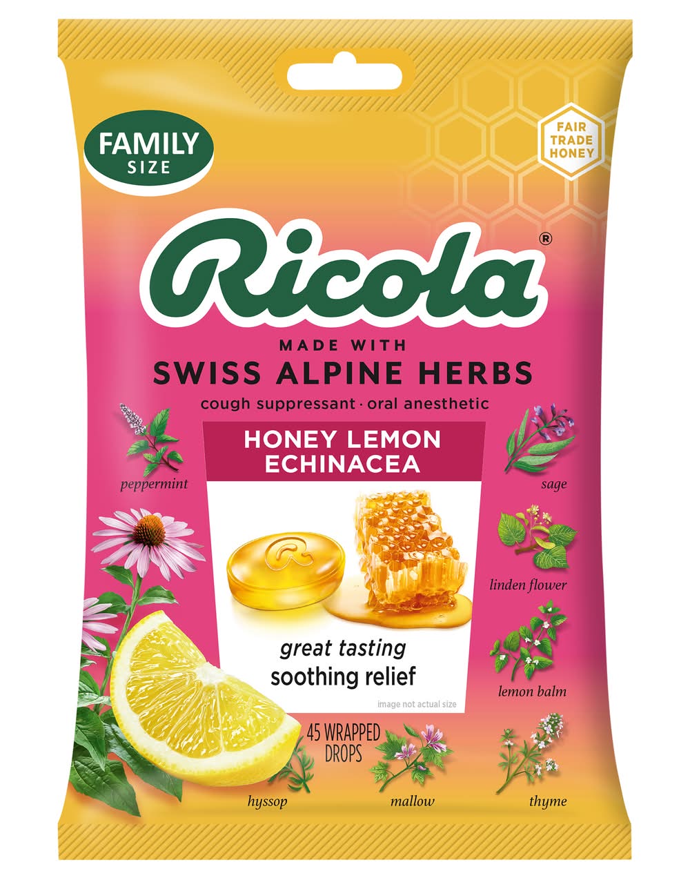 Ricola Cough Suppressant Throat Drops, Honey Lemon (1.6 oz, 45 ct)