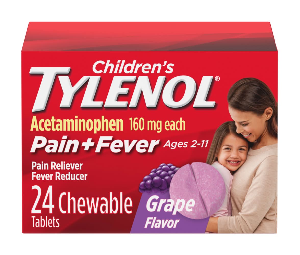 Tylenol Children's Acetaminophen Pain + Fever Chewable Tablets 160mg 2-11 Yrs, Grape (24 ct)
