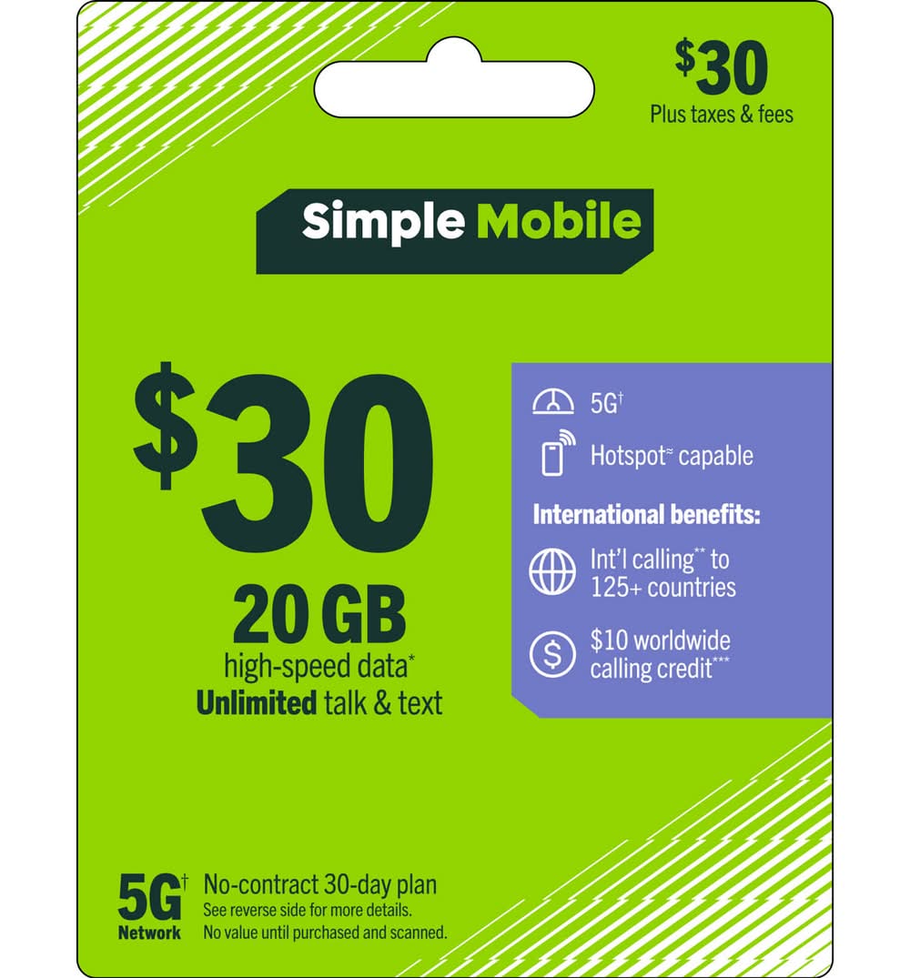 Simple Mobile Prepaid Plan + 20 Gb Data Including Hotspot & Int'l Calling