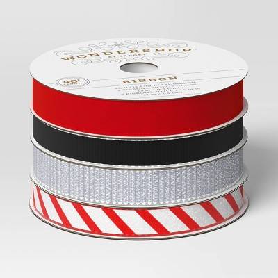 Wondershop 4 End Fabric Christmas Ribbon, 40', Red/White/Silver (4 ct)