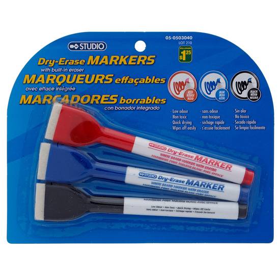 Studio Dry-Erase Markers w/Built-in Eraser, 3Pk (6")