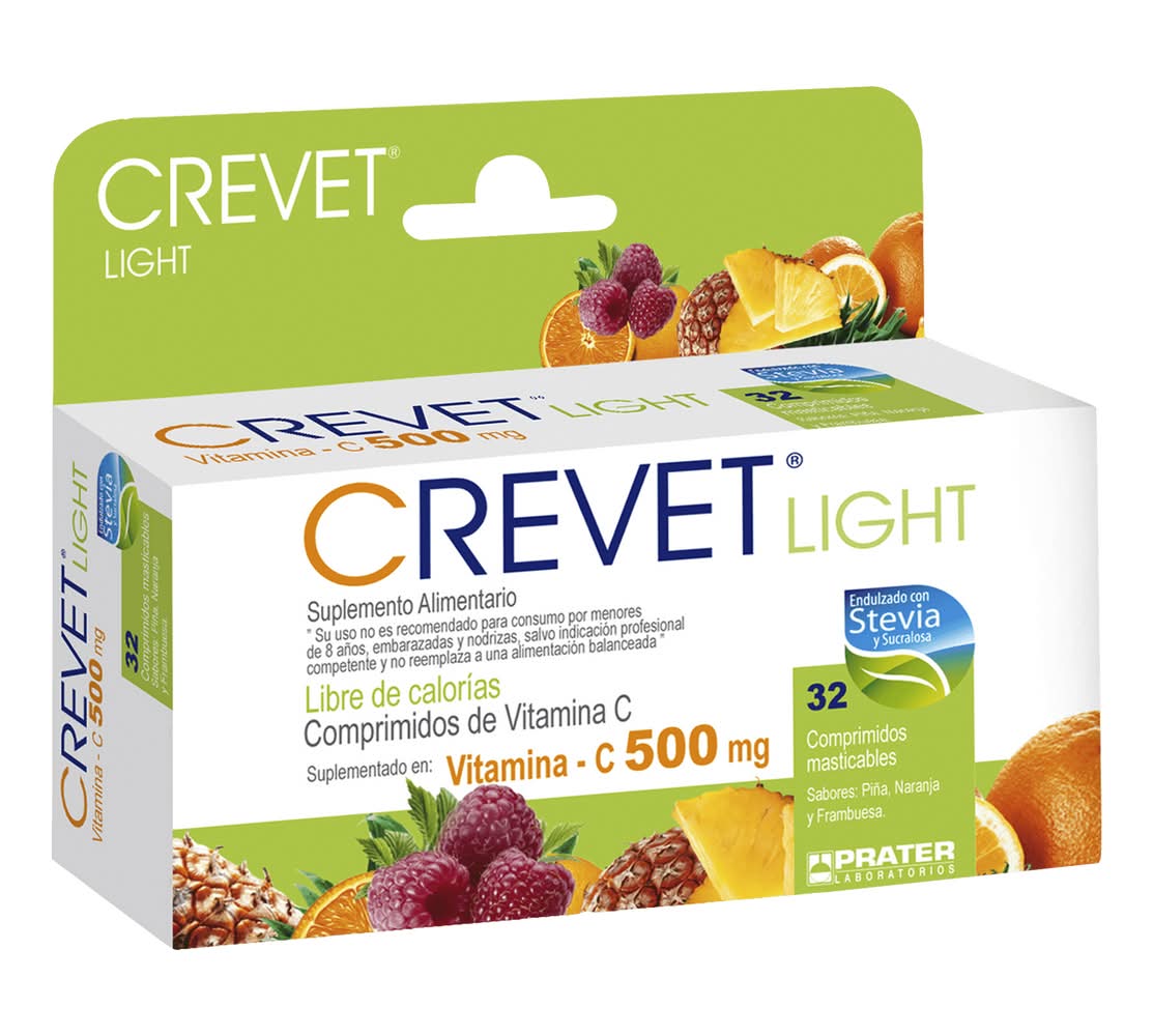 Crevet · Light vitamina c comprimidos masticables de 500 mg - Piña-Naranja-Frambuesa (32 un)