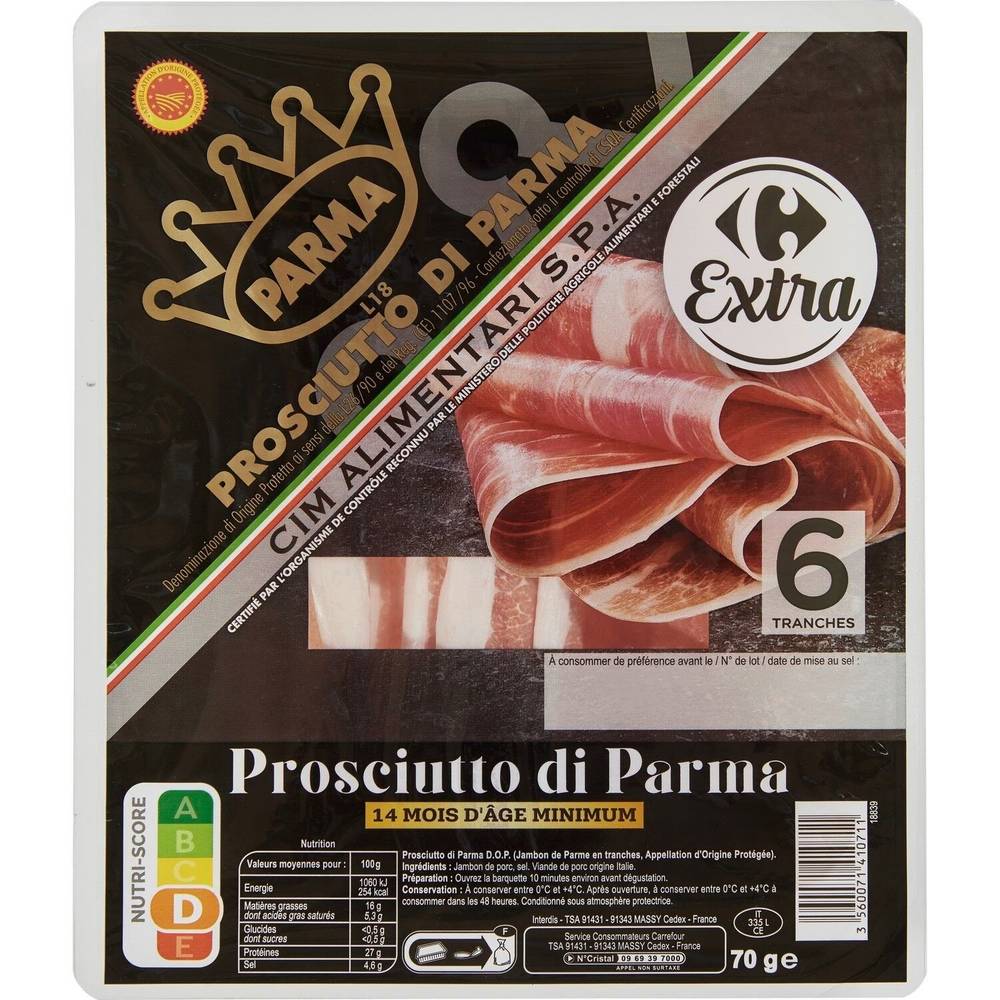 Jambon de Parme AOP CARREFOUR EXTRA - le paquet de 6 tranches - 70g